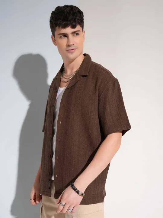 HIGHLANDER Oversized Vertical Stripes Dobby Brown color Casual Shirt
