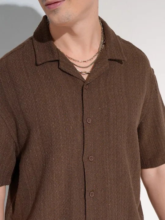 HIGHLANDER Oversized Vertical Stripes Dobby Brown color Casual Shirt