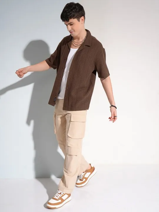 HIGHLANDER Oversized Vertical Stripes Dobby Brown color Casual Shirt