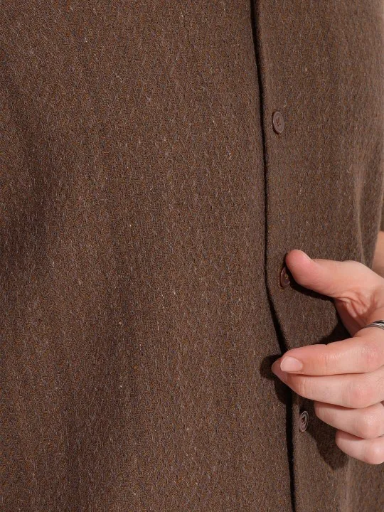 HIGHLANDER Oversized Vertical Stripes Dobby Brown color Casual Shirt