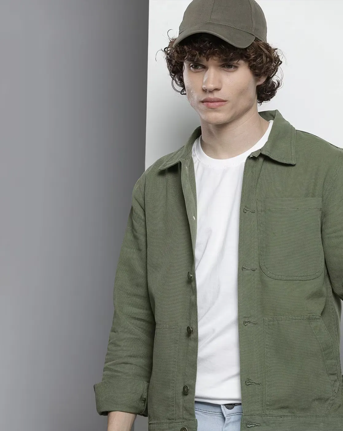 Men's Casual Olive Green Overshirt with Beige Chinos and White Sneakers Set