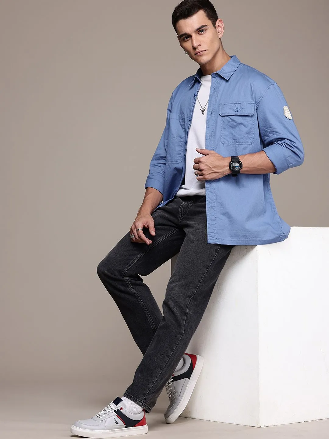 Men's Light Blue Casual Overshirt with White Tee and Black Denim Jeans