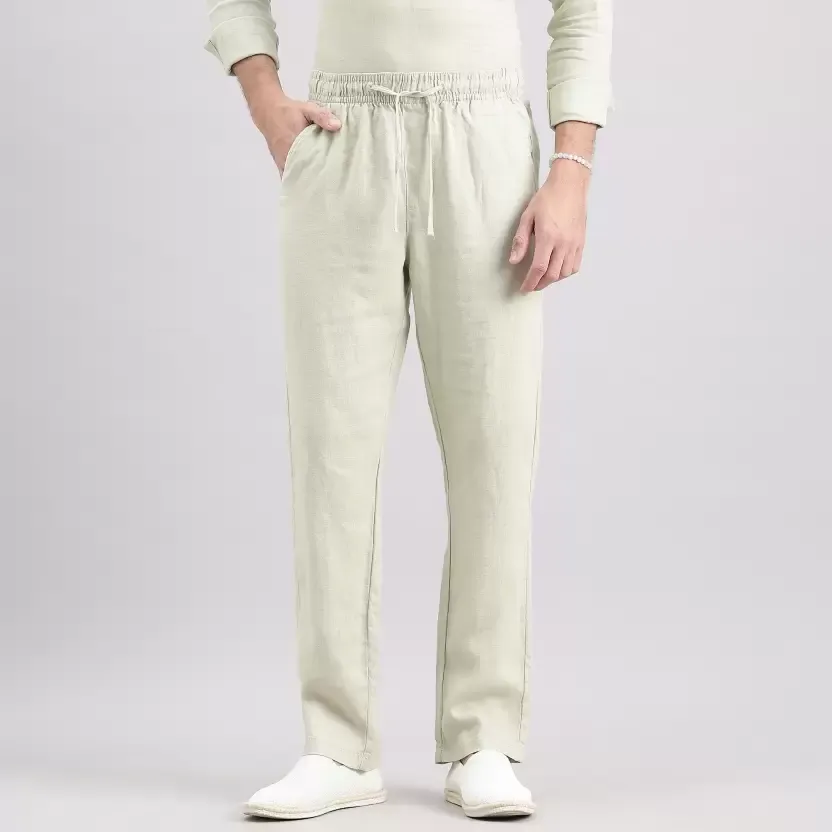 Men's Navy Blue Short-Sleeve Shirt with Cream Elastic Waist Pants Set