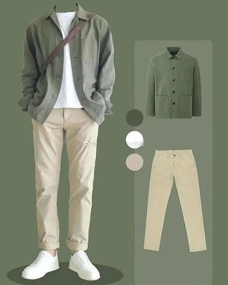 Men's Casual Olive Green Overshirt with Beige Chinos and White Sneakers Set