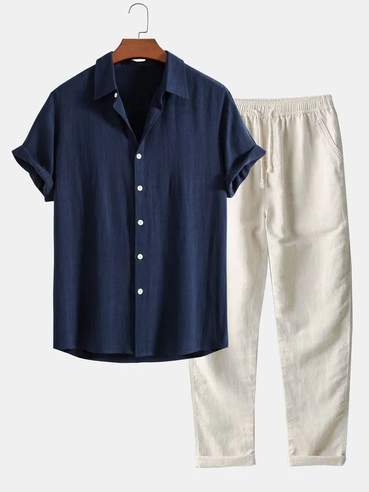Men's Navy Blue Short-Sleeve Shirt with Cream Elastic Waist Pants Set