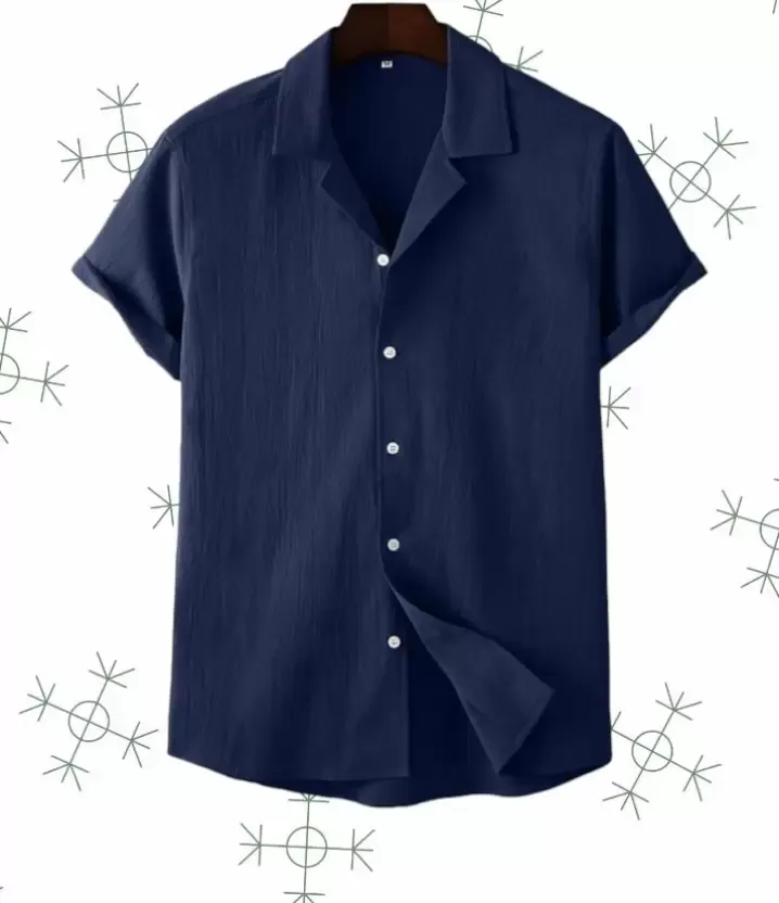 Men's Navy Blue Short-Sleeve Shirt with Cream Elastic Waist Pants Set